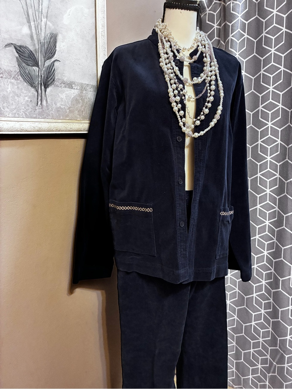 Denim&Co Blue Corduroy Blazer and Pants Set
